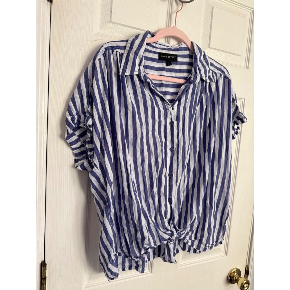 Lane Bryant Women 14 Blue White Striped Button Down Tie Front Short Sleeve Shirt - Picture 3 of 8